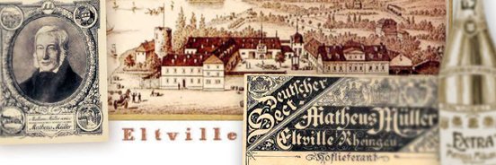 Das Bild kombiniert ein Porträt von Matheus Müller mit einer alten Stadtansicht von Eltville, die historische Details zeigt.